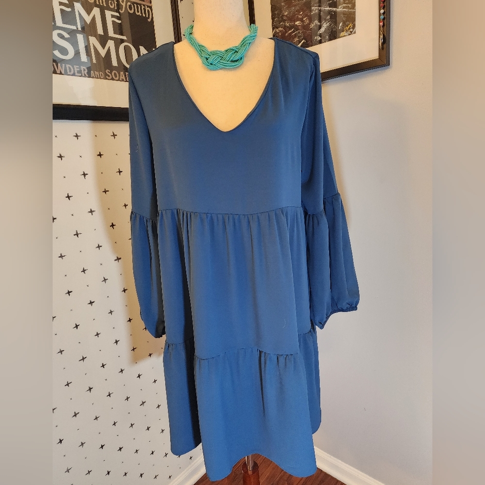 PINZIKO Long Sleeve Tunic Dress V Neck Casual Loose Flowy Swing Shift Dress M/L - Picture 1 of 14